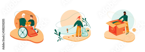 Set of multiracial young people from volunteering organization. Cartoon characters helping other people and environment. Group of humans with humanitarian support. Donation and charity. Vector