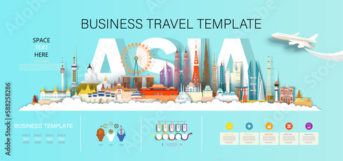 Infographic template landmark travel Asia with city monument architecture skyline.