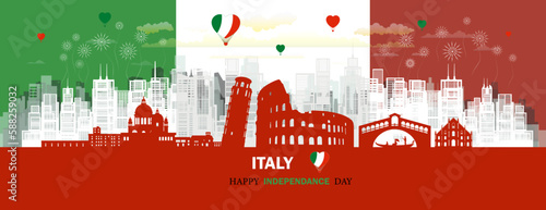 Travel landmarks anniversary Italy day with silhouette architecture background.