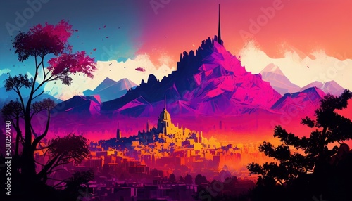 - Paris from France illustration Abstract colorful Background Landscape of mountains, Sakura trees, illustration, gradient colors, dreamy background, building's silhouette foreground