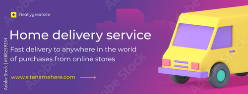 Logistic transportation home delivery service truck van moving social media banner 3d icon vector