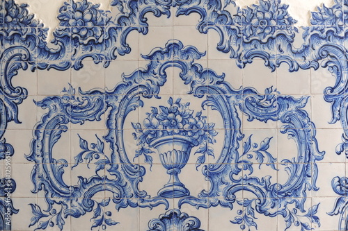 Portuguese azulejo ceramic tiles, closeup photo of decorative, vintage, historic azulejos.