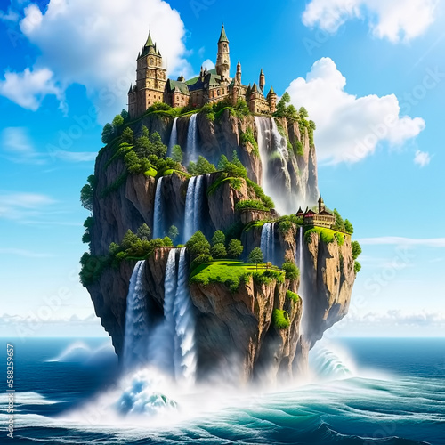 Cliff Hanging Floating Island. Generative AI © Sergey Ilin