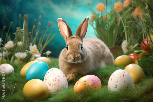 A petite and easter bunnyis seated on the lush green grass while colorful painted eggs are scattered around it. Ai generated