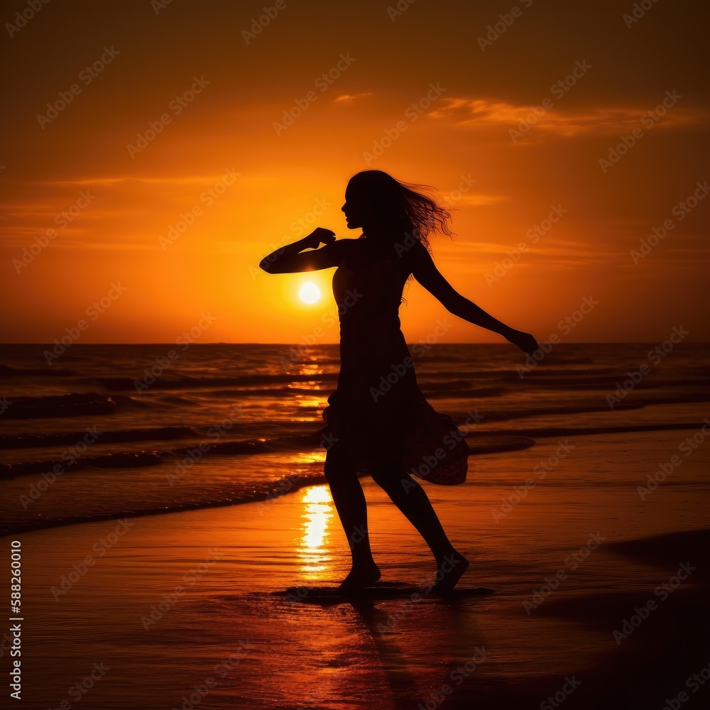 Dancing female silhouette at the beach