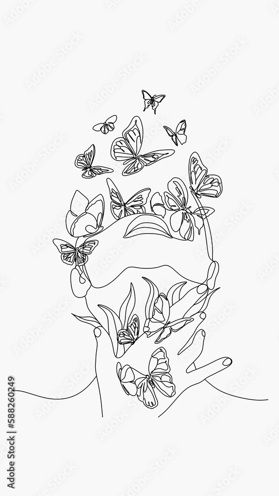 Vetor de Black Line Art Butterflies Woman Phone Wallpaper, Continuous line art, one line drawing