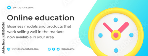 Time for internet e learning online education social media banner template 3d icon vector