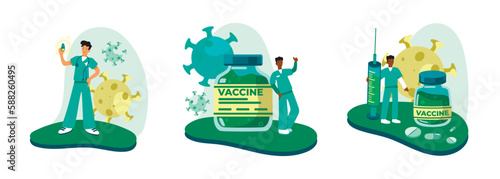 Set of different cartoon characters making vaccines. Getting vaccinated against illness in hospital. Process of virus destruction. Boosting immune system health. Vector