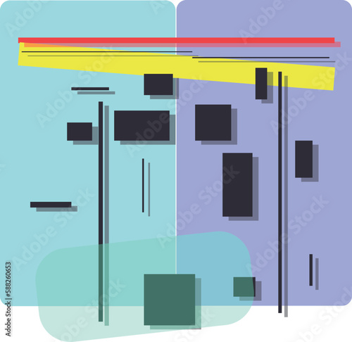 The geometric composition consists of many shapes. The focus of attention is in the red and yellow stripes.