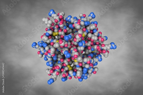 Human defensin-5 mutant crystal form 2. Space-filling molecular model on gray background. Rendering based on protein data bank entry 5cuj. Scientific background. 3d illustration