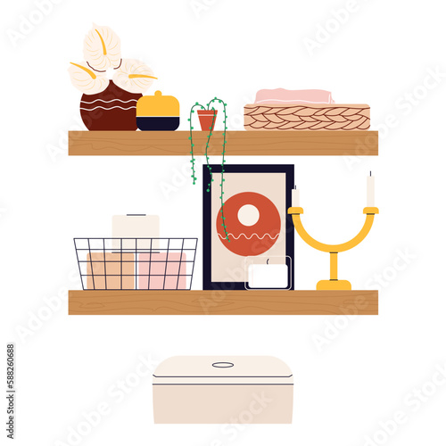 Modern restroom with floating shelves, green plants, baskets with toilet paper, towel, candles. Home water closet interior design. Lavatory room in scandinavian style. Flat vector illustration
