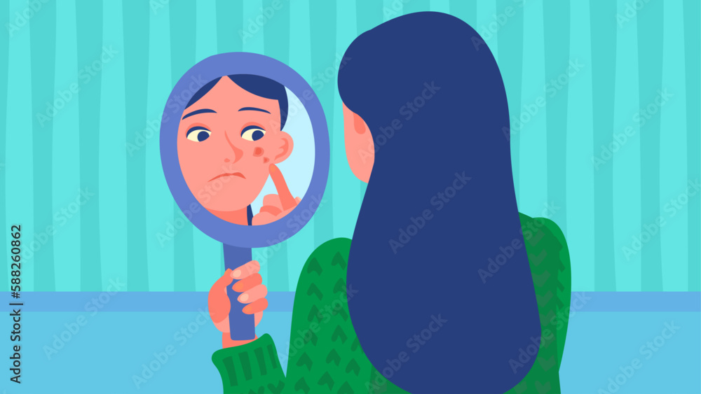 手鏡で吹き出物を確認する女性。フラットなベクター背景イラスト。
A woman checking his pimples in a hand mirror. Flat designed vector background illustration. 手鏡で吹き出物を確認する女性。フラットなベクター背景イラスト。
A woman checking his pimples in a hand mirror. Flat designed vector background illustration.