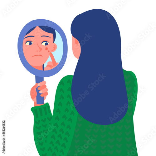手鏡で吹き出物を確認する女性。フラットなベクターイラスト。
A woman checking his pimples in a hand mirror. Flat designed vector illustration.