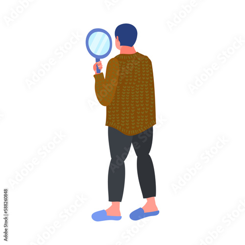 手鏡を見る男性の後ろ姿。フラットなベクターイラスト。
The back view of a man looking at himself in a handheld mirror. Flat designed vector illustration.