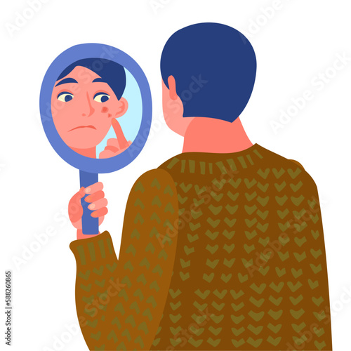 手鏡で吹き出物を確認する男性。フラットなベクターイラスト。
A man checking his pimples in a hand mirror. Flat designed vector illustration.