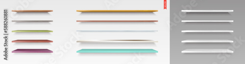 Set of Glass, Wood, Plastic, Metal Shelves. Isolated on the Wall Background.
