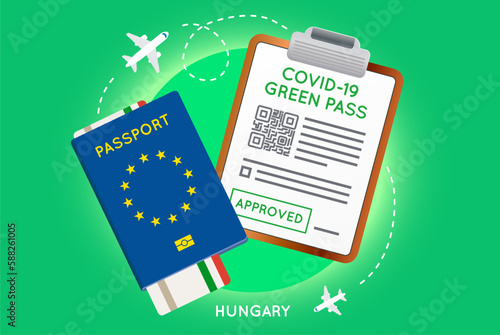 Covid-19 immunity passport with QR code. Vaccination or negative coronavirus test green valid certificate. European Passport with Flight Ticket and Approved Green Pass.