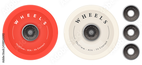 Set of Skate Wheels Design. Longboard Wheels with Bearings. Surfskate. Vector illustration.