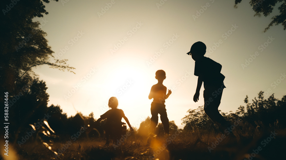 Silhouette of Children playing in open air, golden hour, Generative AI