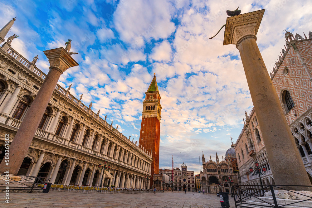 Sunrise view of piazza San Marco, Doge's Palace Palazzo Ducale in Venice, Italy