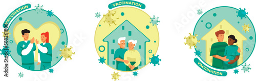Set of different people after getting vaccine shots. Comprehensive family immunization. Human clinical trials vaccination shots. Protection from pandemic. Vector