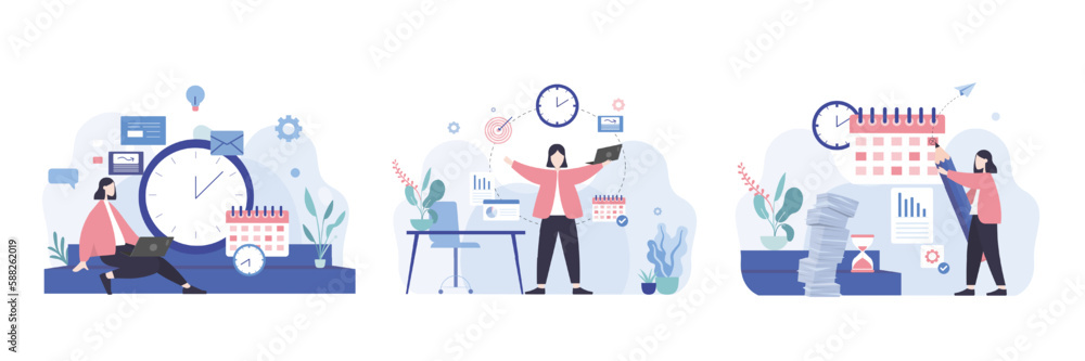 Fototapeta premium Set of colored female cartoon character managing her time. Process of managing schedule. Woman improving productivity and efficiency when working. Vector