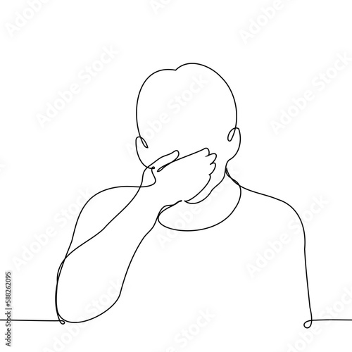 silhouette of a man covering his mouth and nose with his hand - one line drawing vector. concept shut one's mouth and nose, stink, silence oneself