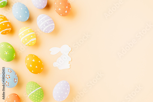 Easter eggs bunny and rabbit white paper cutting isolated on pastel background, Funny decoration, Festive composition banner web design holiday background, Happy Easter Day