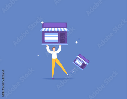 getting rid and beat the venture competitors. seize the opponent's business land. competition and competitors. business claims. a businessman kicked his opponent's business shop. illustration concept 
