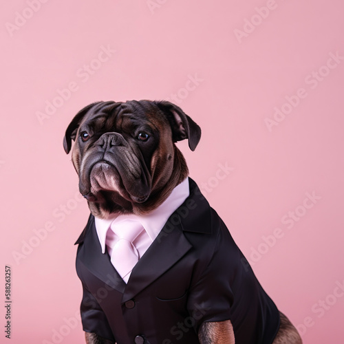Creative  abstract  funny animal portrait  cute dog in a stylish fashion suit  elegant animal in a tuxedo ready for a luxurious date. Illustration  Generative AI.