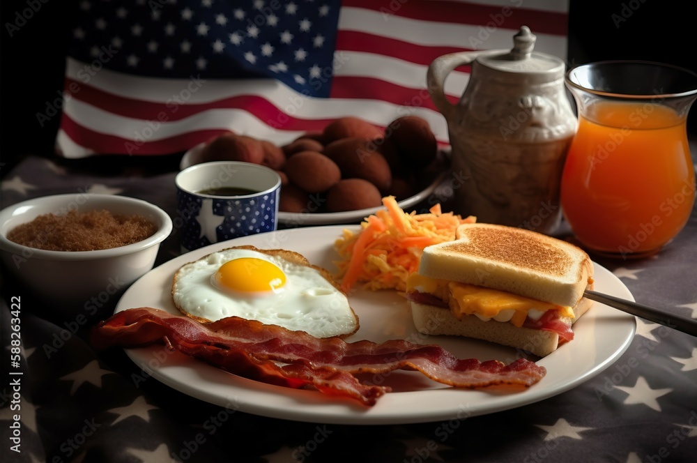 American breakfast on wooden table. AI-generated images American breakfast on wooden table. AI-generated images
