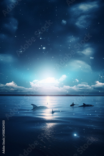 A flock of dolphins splashes in the open sea at night among the glowing stars reflected in the water. AI Generated ©  iiulia