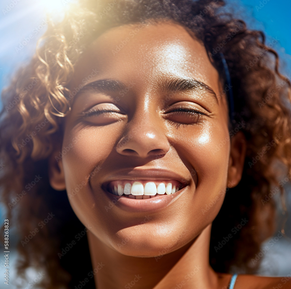 Smiling woman closeup in the sunshine, Generative AI Smiling woman closeup in the sunshine, Generative AI