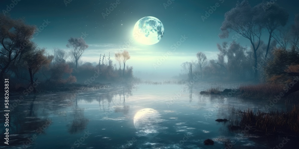 Mystic Foggy River Water Surreal Space Landscape. Surreal landscape of the bright full moon reflecting on river water with planets in space Mystic Foggy River Water Surreal Space Landscape. Surreal landscape of the bright full moon reflecting on river water with planets in space