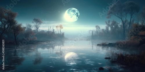 Mystic Foggy River Water Surreal Space Landscape. Surreal landscape of the bright full moon reflecting on river water with planets in space