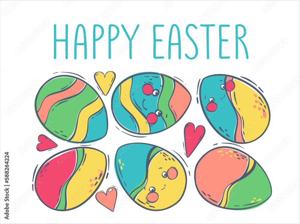 Set of colored Easter eggs with zor and soapy faces. Decorated eggs for the spring holiday with the inscription happy easter. Flat vector illustration for conceptual design. isolated object.