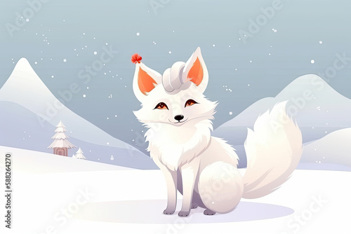 cute cartoon white fox on the white background with christmas santa hat on snow winter at sunset, generative AI © Kien