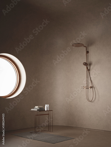 bathroom interior, minimalist shower. Plain wall without tiles. Basic decoration with a bronze shelf with towels combined with the double shower. Illumination by means of a round window