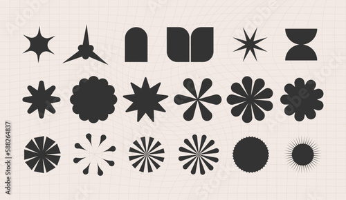 Brutalist abstract geometric shapes and grids. Brutal contemporary figure star oval spiral flower and other primitive elements. Swiss design aesthetic. Bauhaus memphis design
