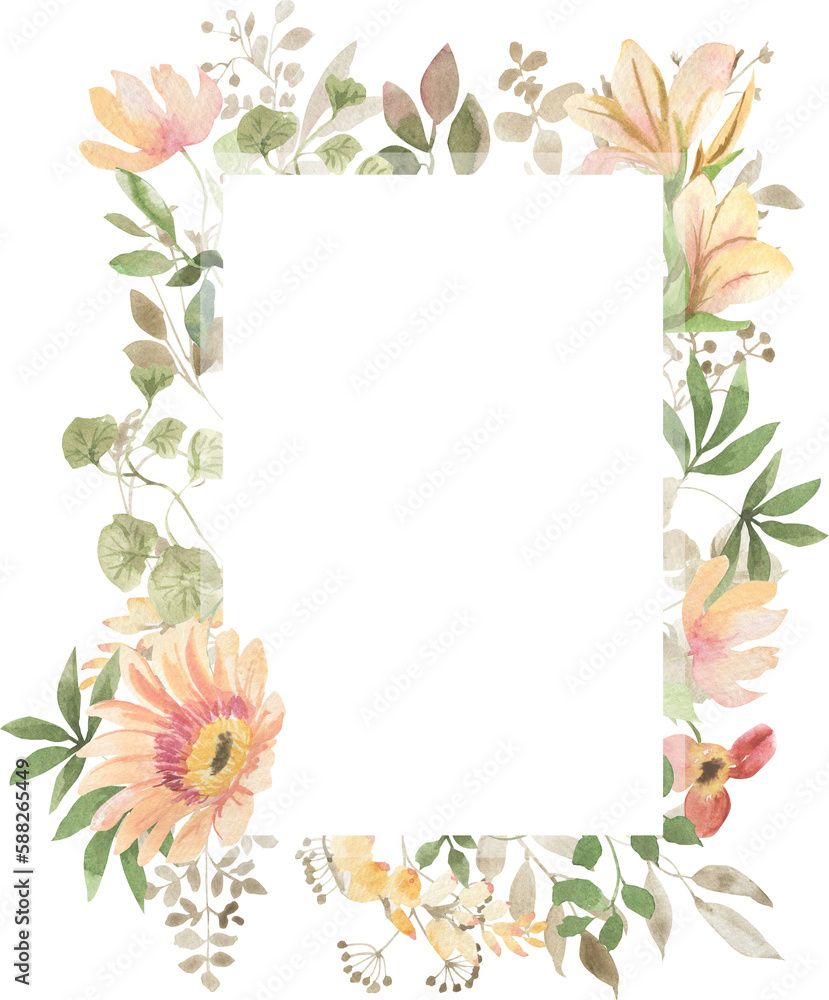 Frame of watercolor leaves and flowers of lily and protea Frame of watercolor leaves and flowers of lily and protea