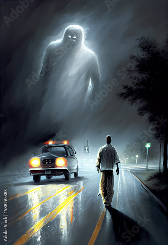 A pedestrian walks along a freeway at night towards a bus, a ghost warning of danger. AI Generated