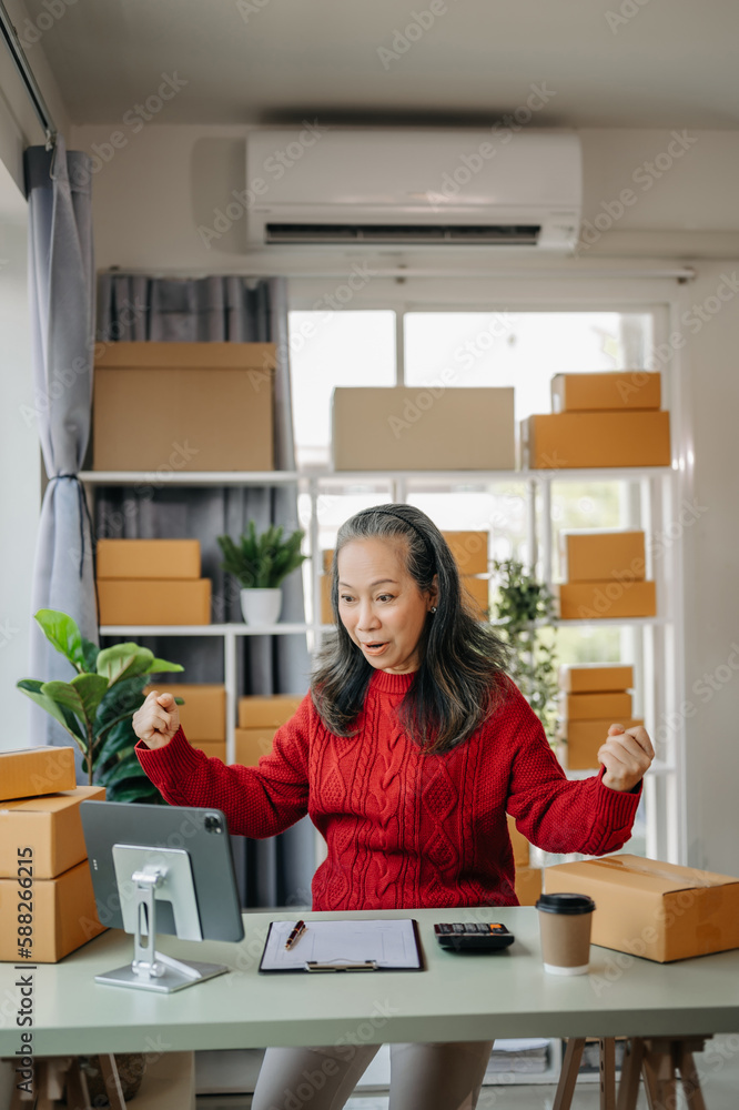 Senior business owner woman prepare parcel box and standing check online orders for deliver to customer on tablet, laptop Shopping Online concept. at home office.