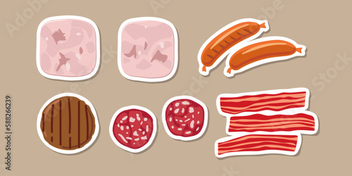 Meat product stickers. Pieces of ham and sausages, cutlet, bacon. Overhead view of isolated Meat delicatessen product. Vector flat illustration. For cafe or restaurant menu. Meat food icons.