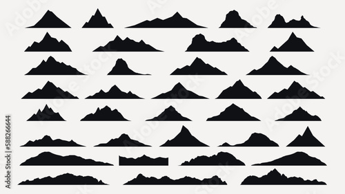 big set of black mountains silhouettes isolated