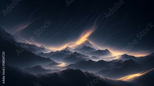 A dreamy, ethereal landscape of light waves shimmering across a desktop background, wallpaper Art, Illustration, Generative AI.