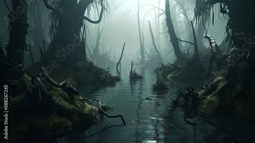 Fotografia misty morning in the forest swamp