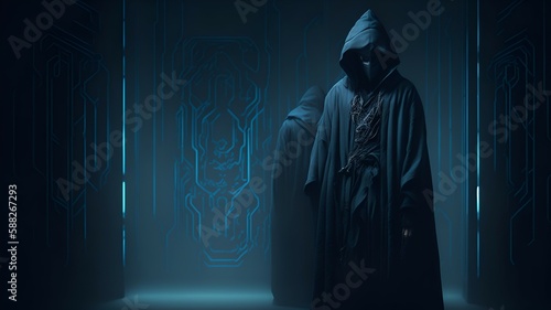 A mysterious figure cloaked in a hooded robe, their face hidden in the shadows, standing guard over a digital security, wallpaper Art, Illustration, Generative AI.