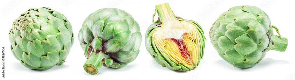 Obraz premium Set of four green artichokes isolated on white background.
