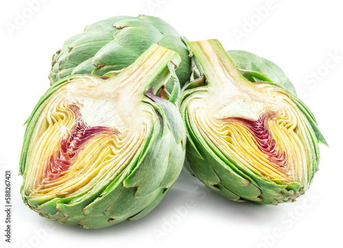 Green artichokes and artichoke heart isolated on white background.