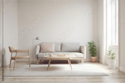 Modern living room in grey and beige colors, interior created with ai generative tools © Fox Bread